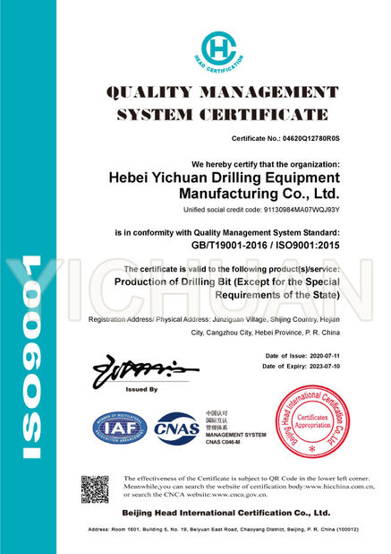 China Hebei Yichuan Drilling Equipment Manufacturing Co., Ltd Certification